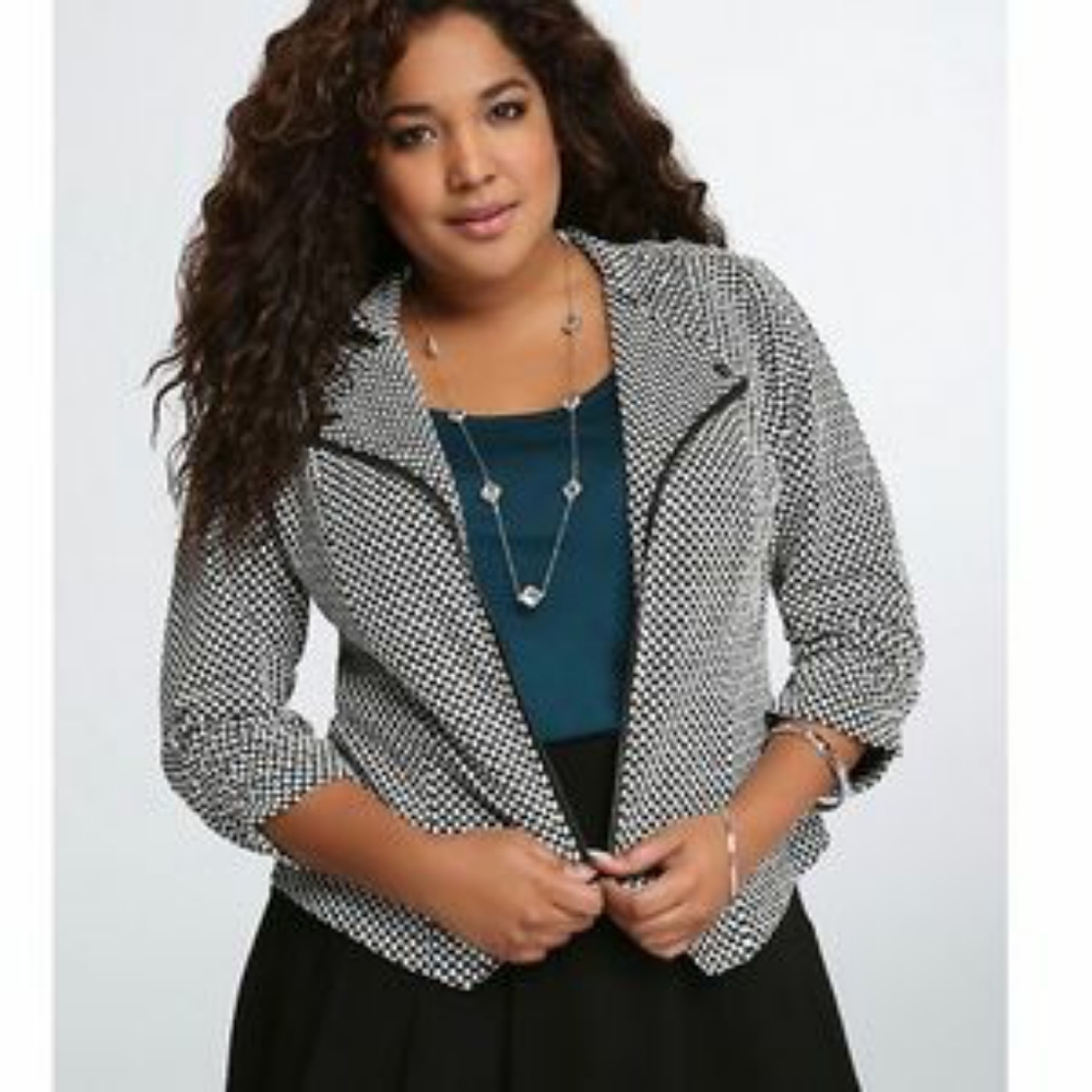 Torrid Jacket Geometric Military Birdseye Zip Up Spring Fall Edgy White Black